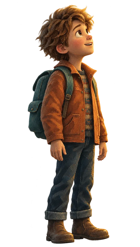 A painted boy with a backpack standing on a hillside at night, looking up at the stars