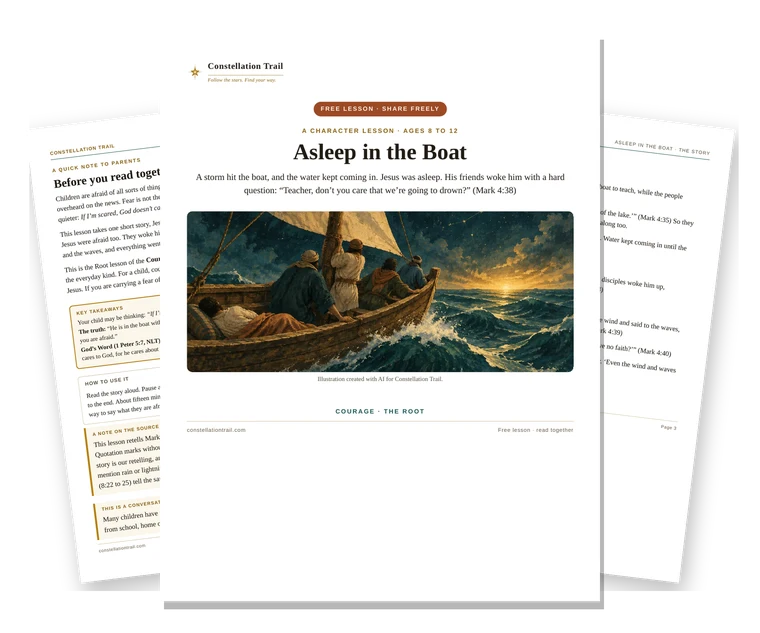 Three real pages from the Asleep in the Boat lesson: the cover with a painting of the boat in the storm, the story, and the parent page